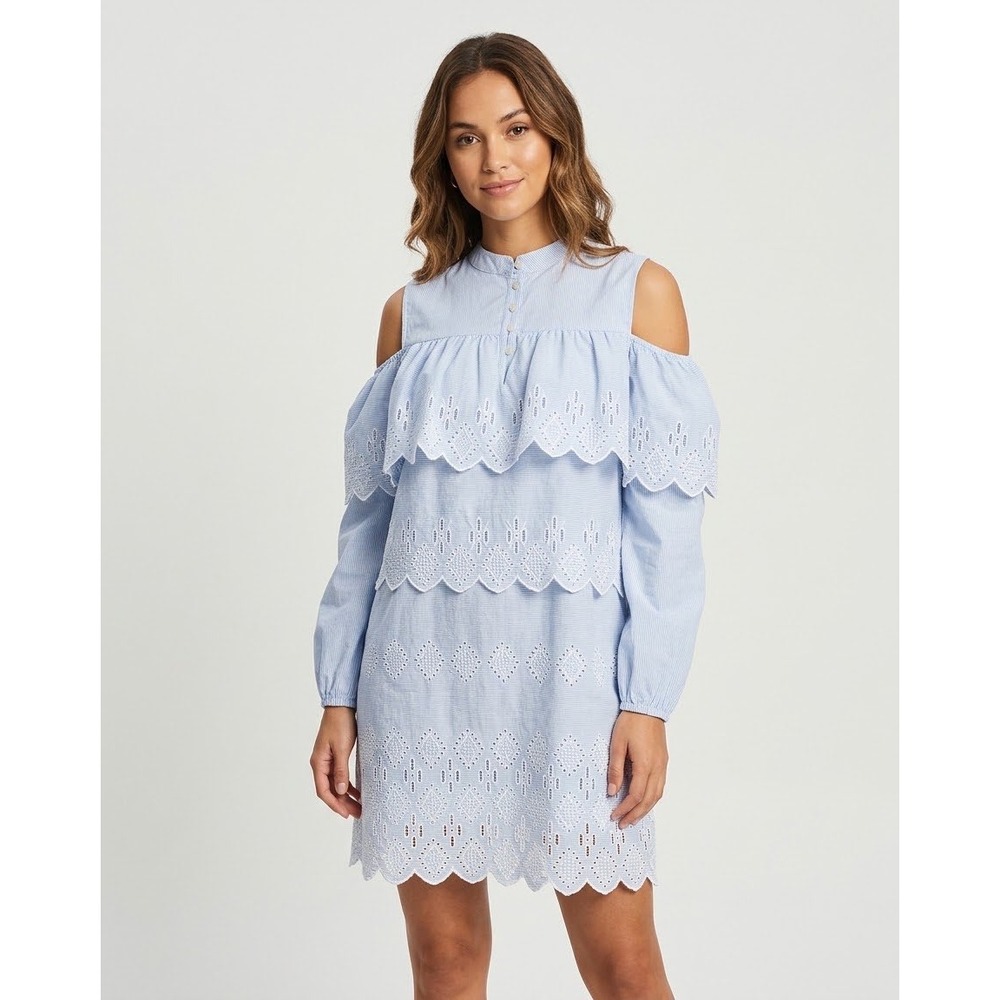 LOA Lidia Aguilera Dress Cotton Eyelet Ruffle Cold Shoulder Blue Small